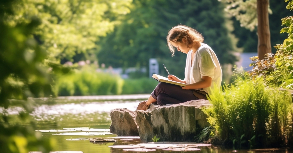 woman sitting by water practicing mindful journaling